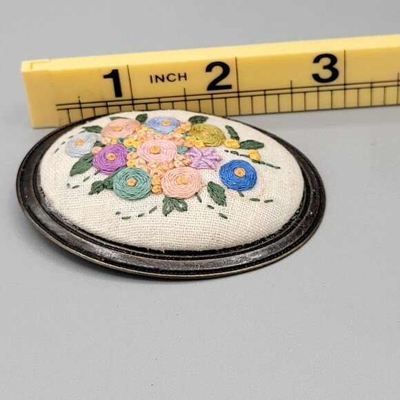 Embroidered Flower Floral Oval Brooch Dark Silver Tone Metal Handmade Vintage - Picture 5 of 6